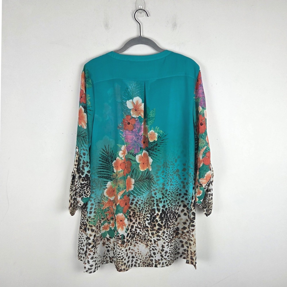 Soft Surroundings Geovana Teal Floral Animal Print Sheer Roll Tab Sleeve Tunic M - Picture 6 of 9